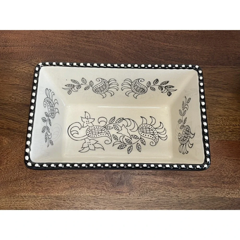 2 PC Baum Stoneware Casserole Baking Dish Black White Floral Paisley